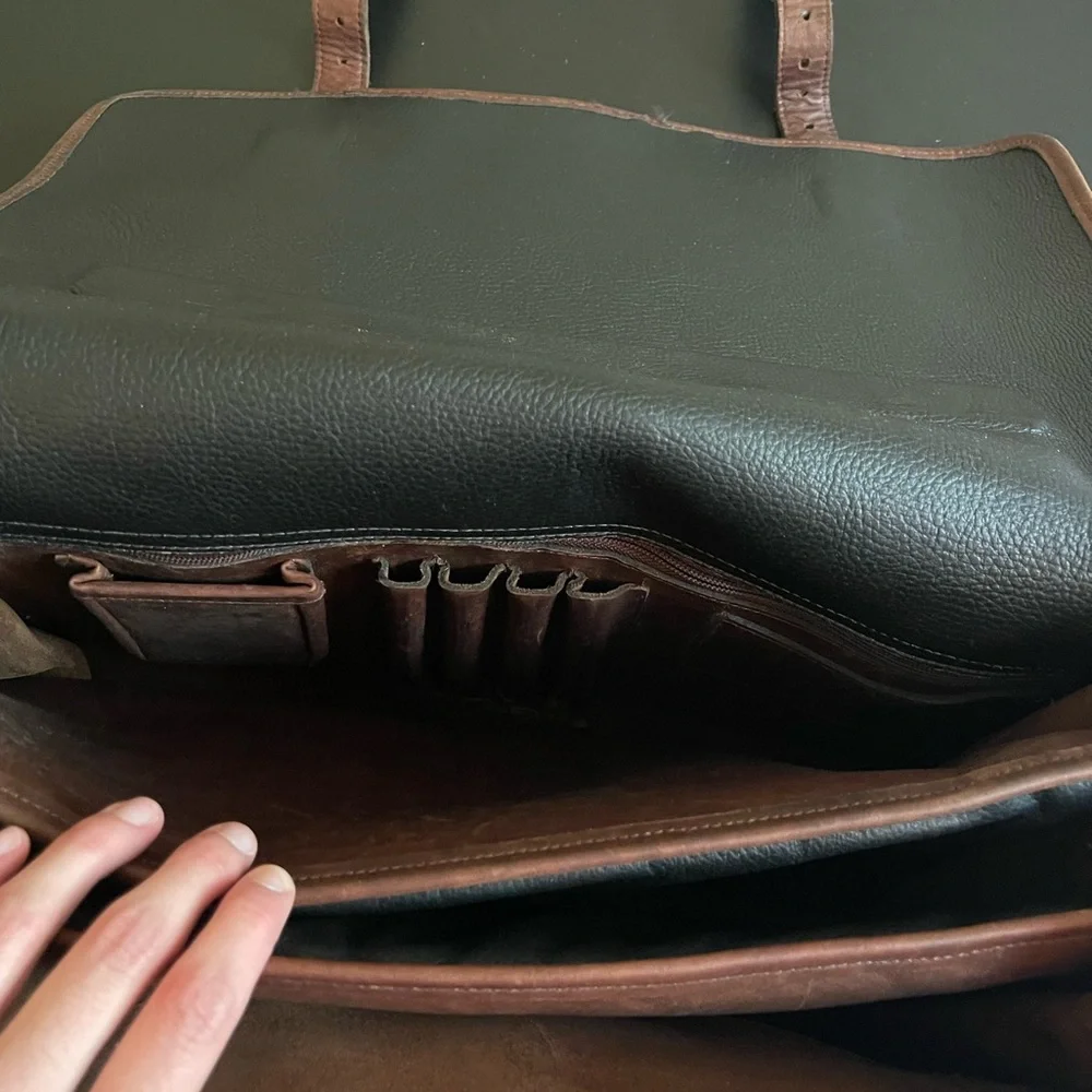 Vintage Custom Hide Leather Brass Button Briefcase W/ Strap Multi-pocket US-made